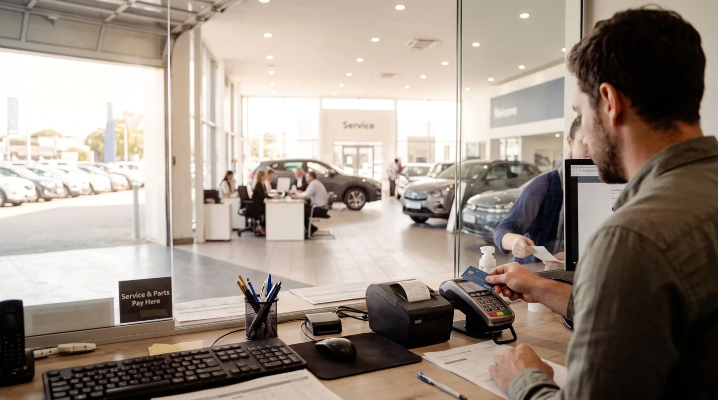A service desk teammate tapping a card on a payment terminal at a dealership