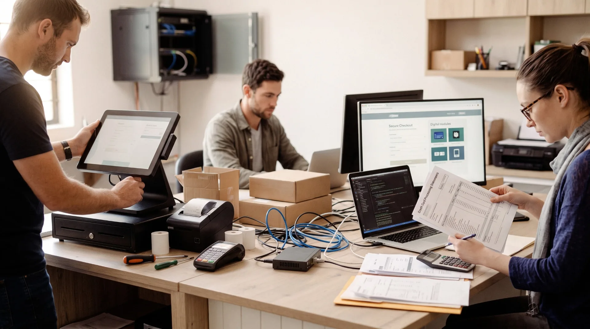 VeriFee team setting up a card terminal and reviewing a processing statement