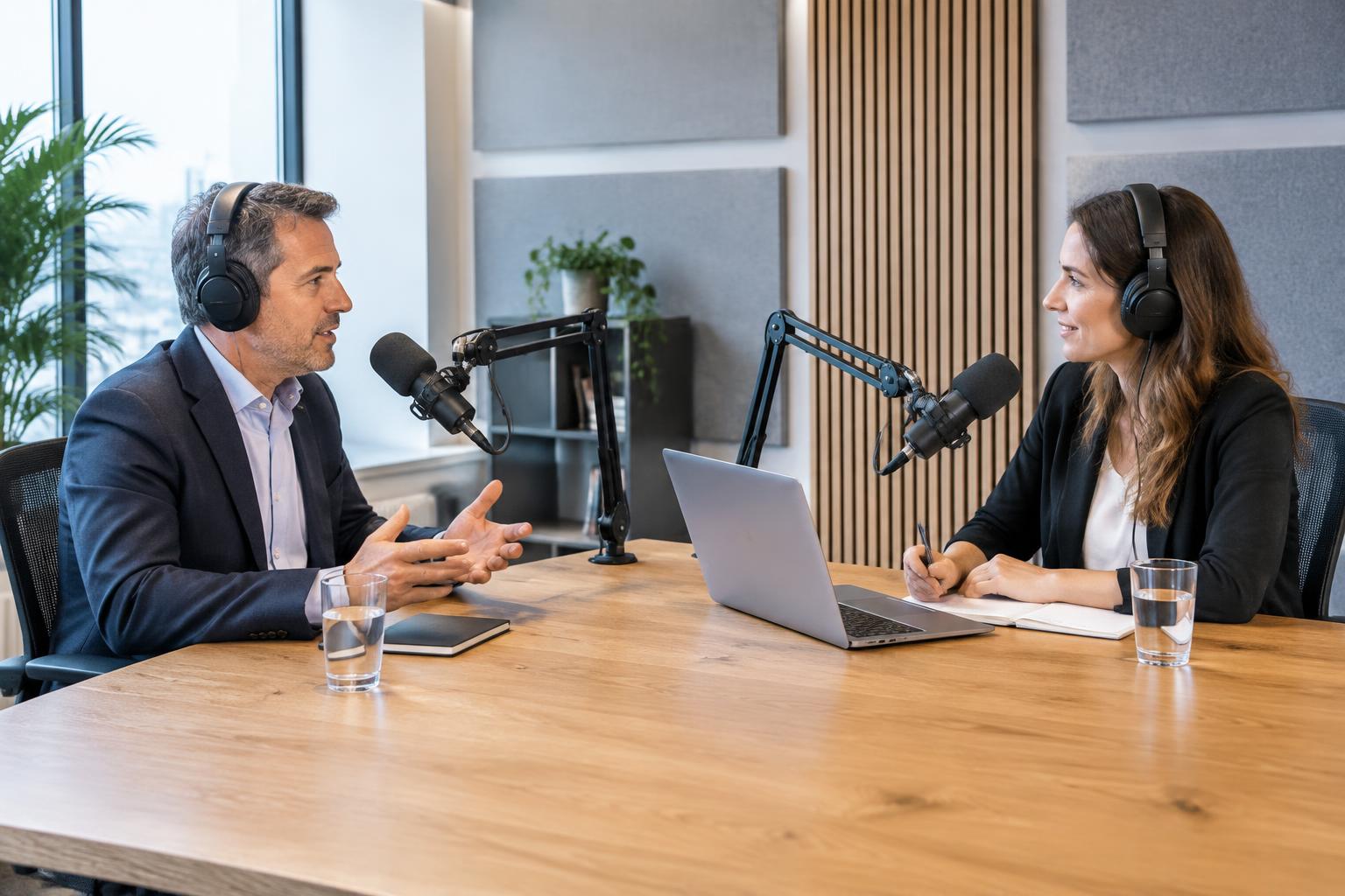Podcast host and guest talking in a recording studio