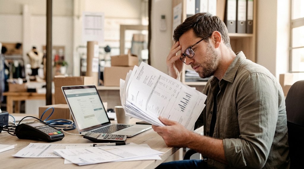 A business owner reviews a stack of processing statements at his desk