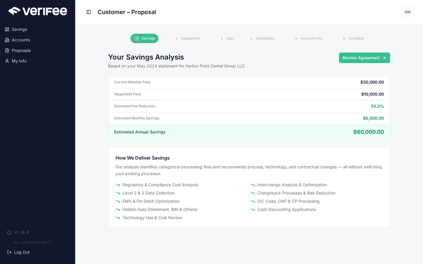 Online proposals screen in the VeriFee customer portal