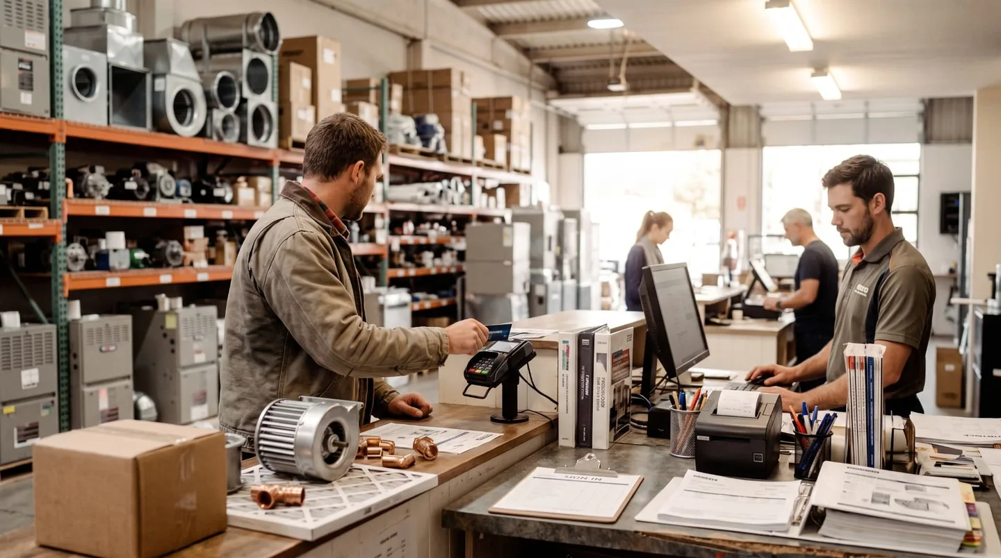 A customer paying with a card at a parts counter in a supply warehouse