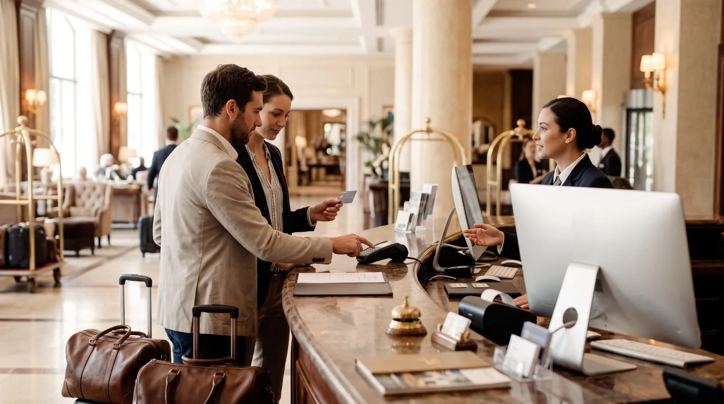 Guests paying at a hotel front desk with a receptionist